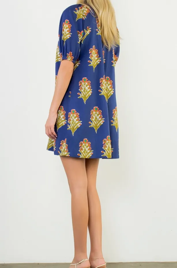 Navy Floral Puff Sleeve V-Neck Dress
