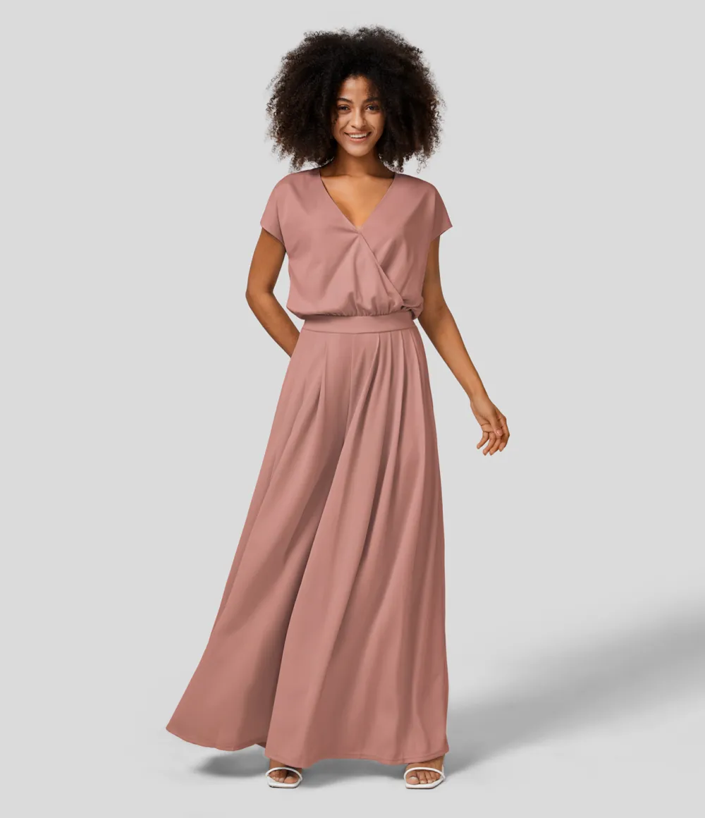 V Neck Short Sleeve Plicated Side Pocket Wide Leg Flowy Waffle Casual Jumpsuit