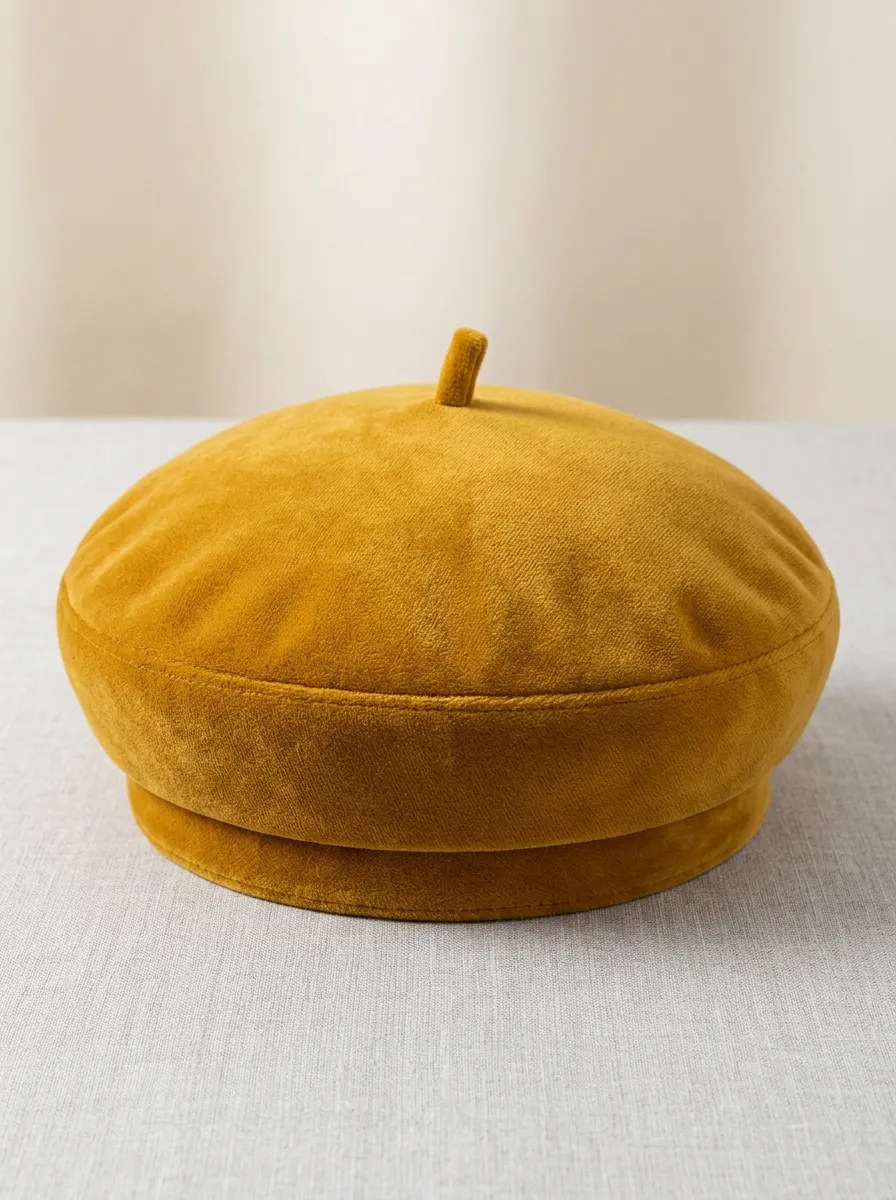 Unisex Mustard Yellow Velvet Beret Hat