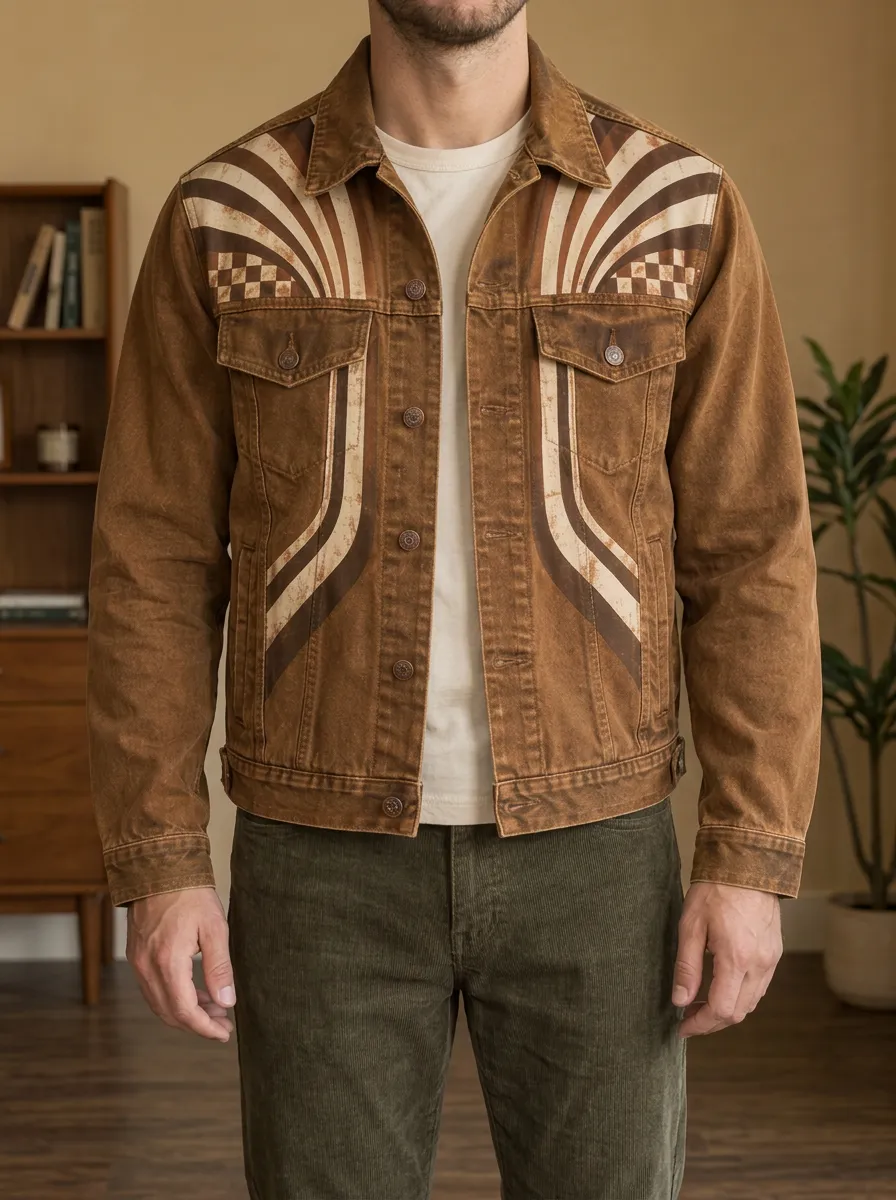 Men's Vintage Retro Stripe Checkerboard Denim Rugged Journey Jacket