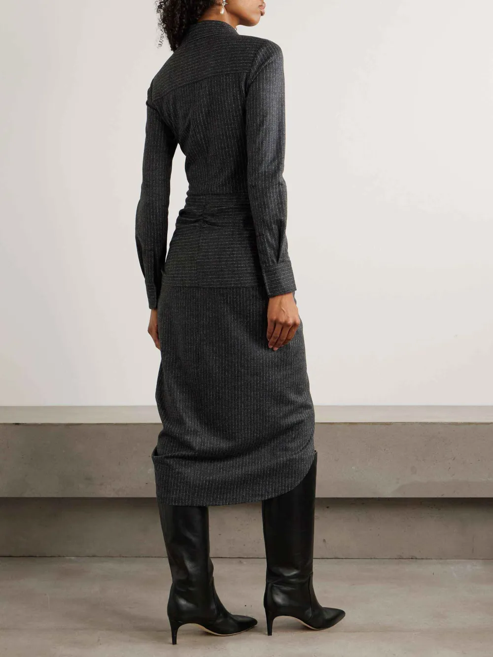Draped Pinstripe Wrap Shirt Midi Dress