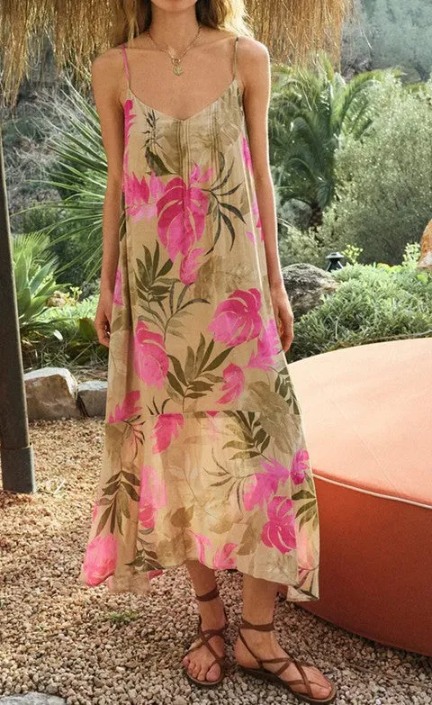 Women's Beige Tropical Floral Print Maxi Dress