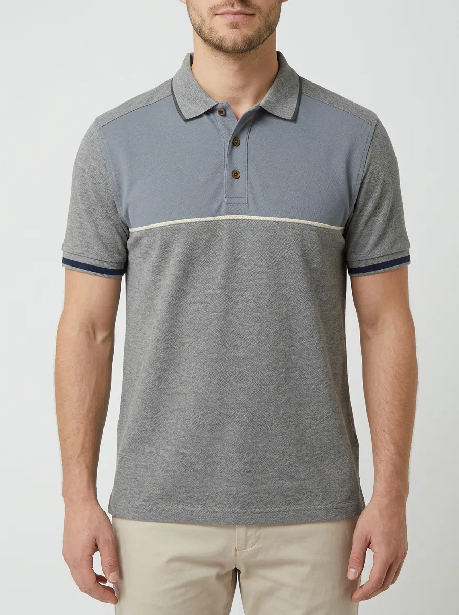 Men's Casual Colorblock Grey Blue Contrast Trim Polo Shirt