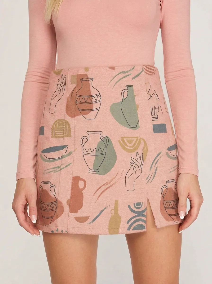 Women's Boho Aesthetic Pottery Hand Printed Mini Skirt