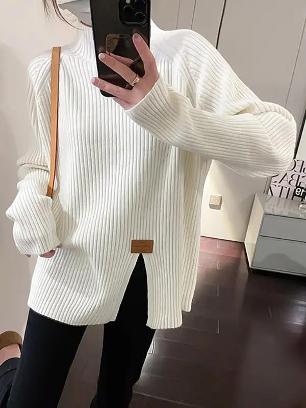 Split Front Mock Neck Long Sleeve Relaxed Fit Pullover Sweater