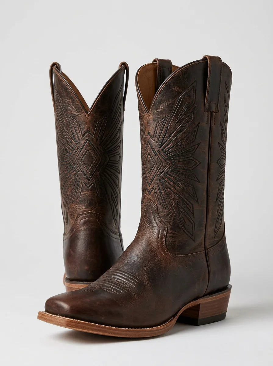 Outlaw-Inspired Geometric Stitched Frontier Look Men's Western Cowboy Boots