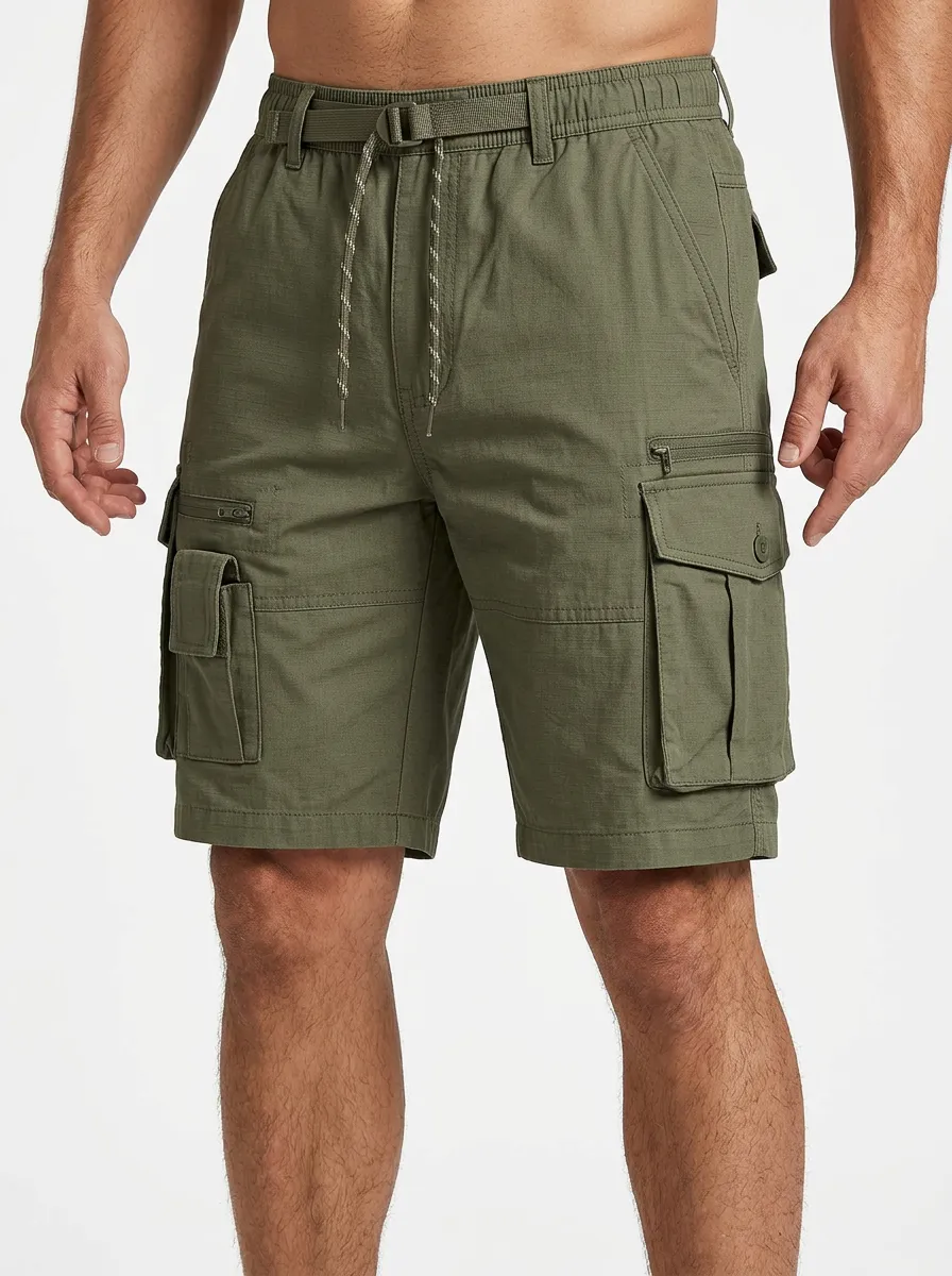 Men's Multi-Pocket Webbing-Belt Zip-Pocket Cargo Shorts