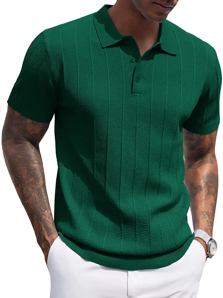 Ribbed Textured Knit Polo Shirt