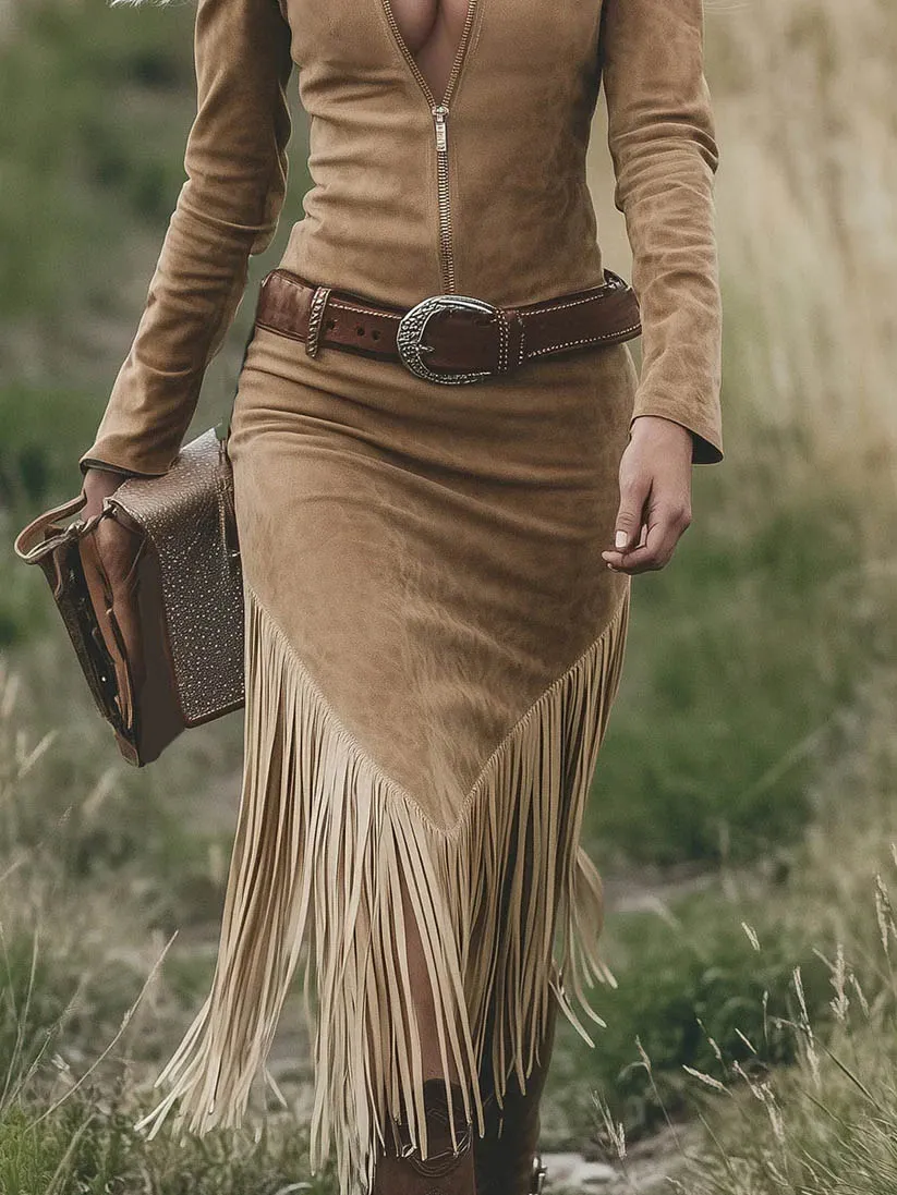 Retro Shirt Collar Zipper Tassel Midi Dress