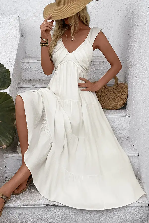 Beachsissi Solid Color V Neck Sleeveless Casual Dress