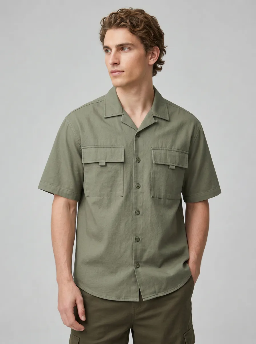 Men's Olive Green Utility Pocket Short Sleeve Button-Down Shirt