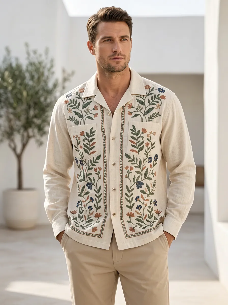 Men's Easygoing Linen Floral Boho Embroidered Shirt