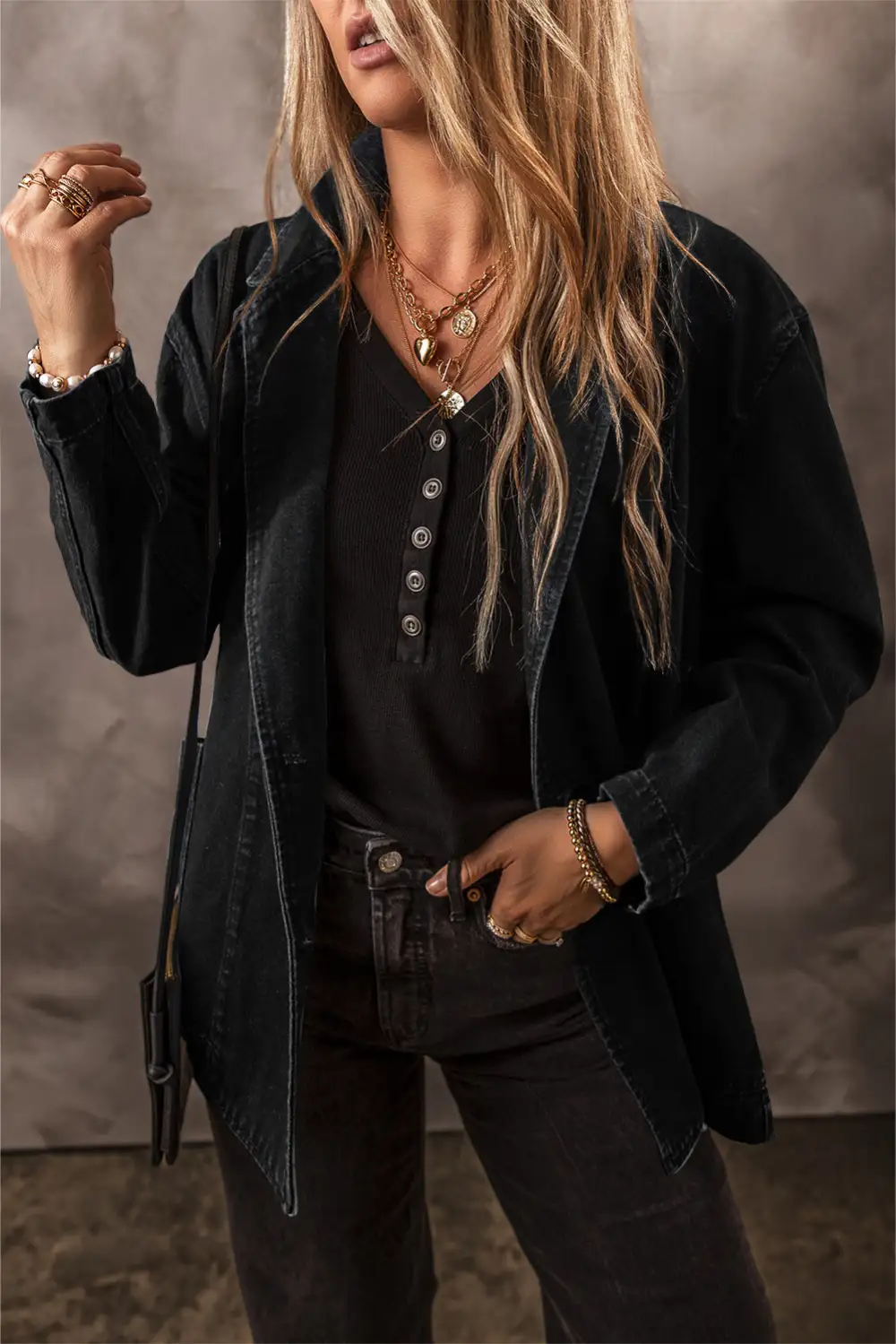 Lapel-Collar Collared Denim Pocketed Jacket