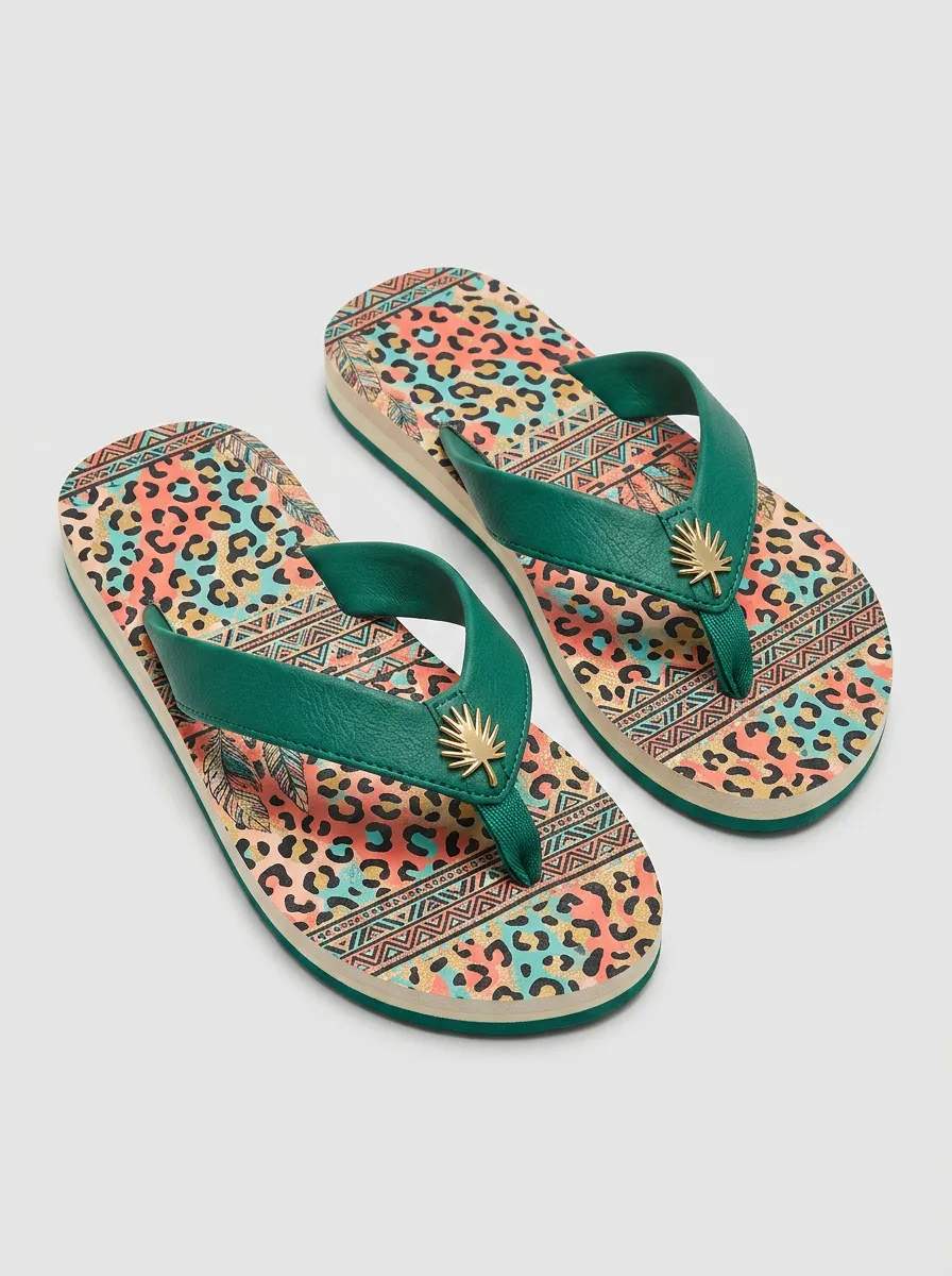 Women's Tropical Leopard Tribal Printed Flip Flops