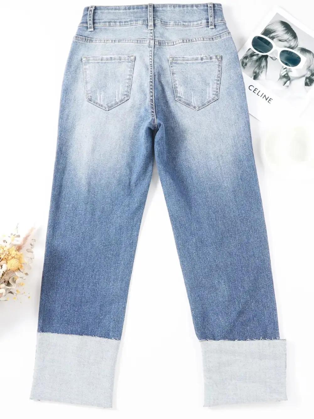 Washed High Waist Straight Leg Distressed Denim Jeans