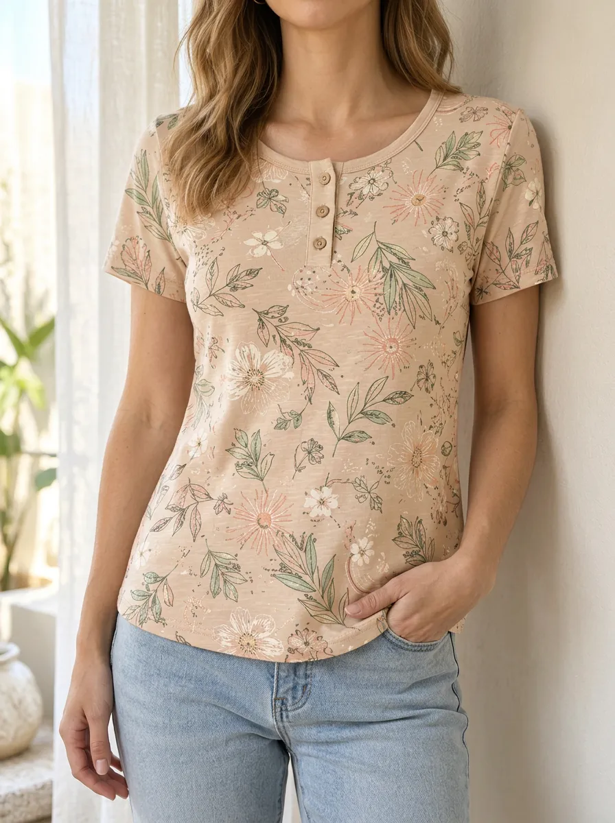 Women's Classic Floral Botanical Print Henley T-Shirt