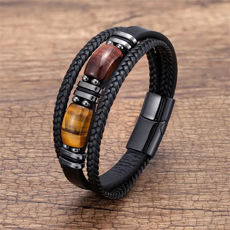 Tiger Eye Stone Willpower Multi Layer Leather Bracelet