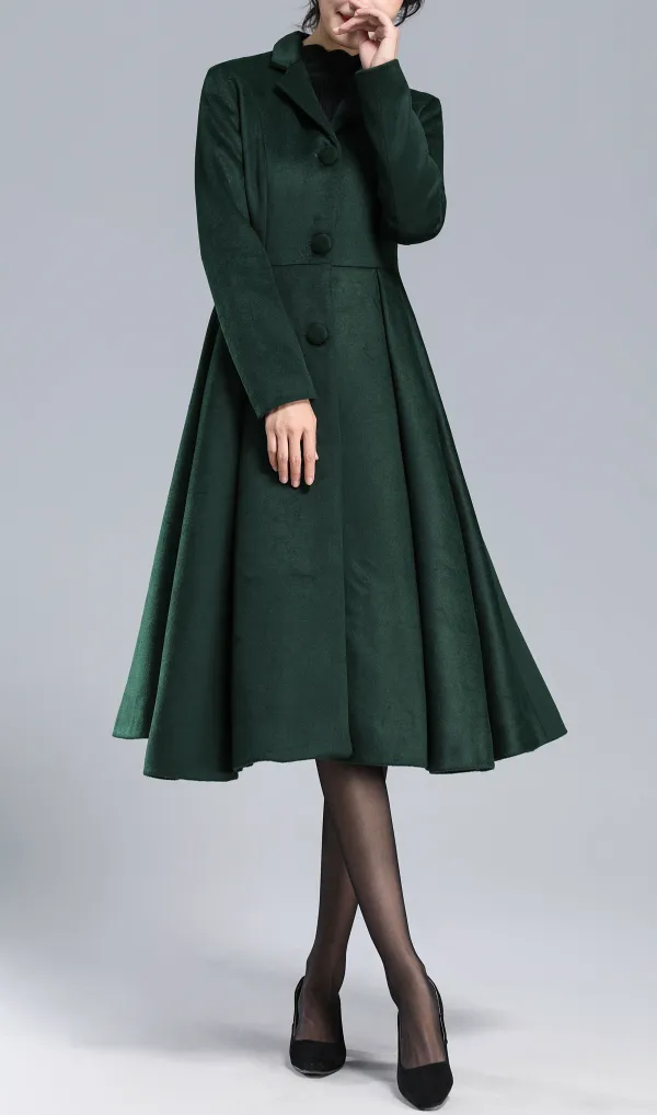 Refined Wool Blend Fit and Flare Single Breasted Pleated Pocketed Coat