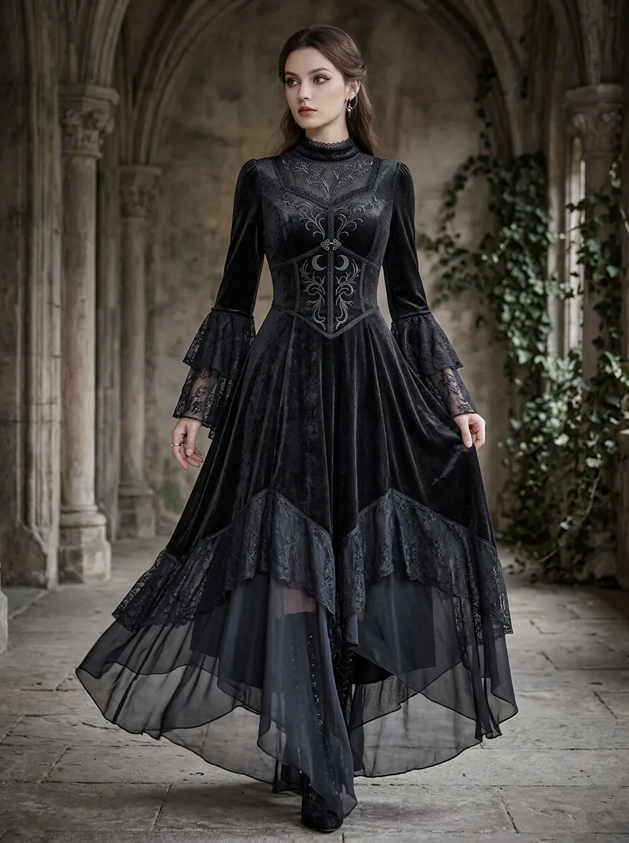 Punk Moon Lace Velvet Punk Look Women's Gothic Dress