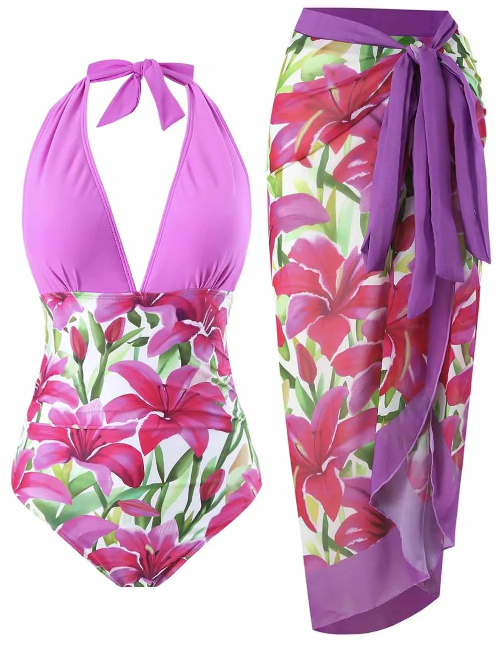 String Tie Floral Print One Piece Swimwear with Sarong