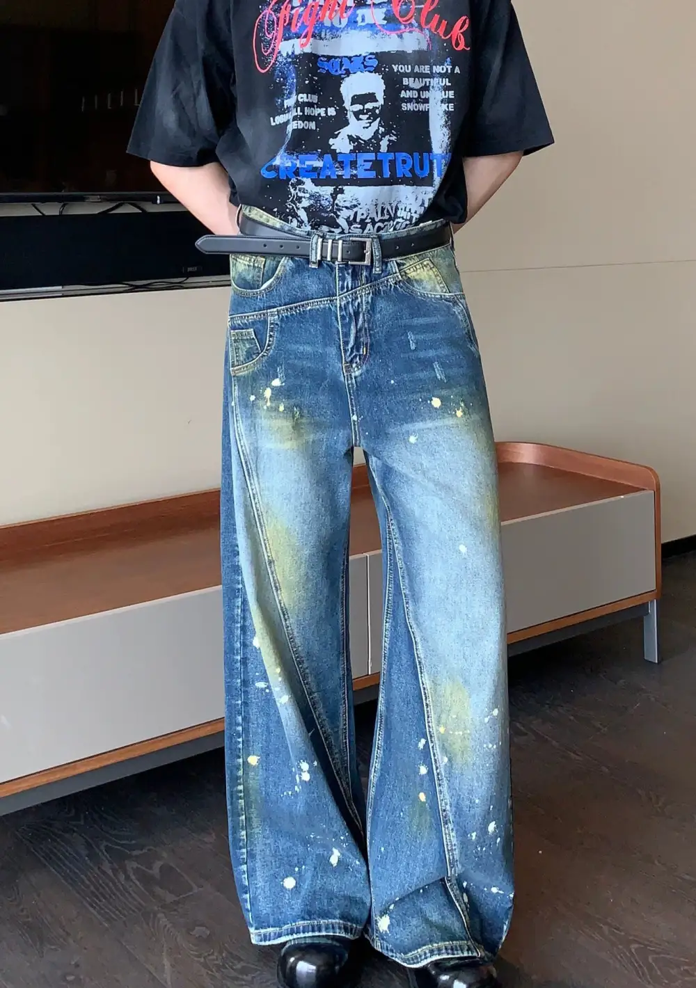 Paint-Splatter Wide-Leg Jeans