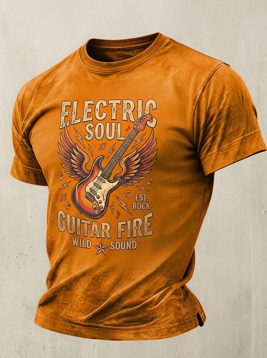 Men's Rock Music Lover Electric Guitar Wings Printed T-shirt
