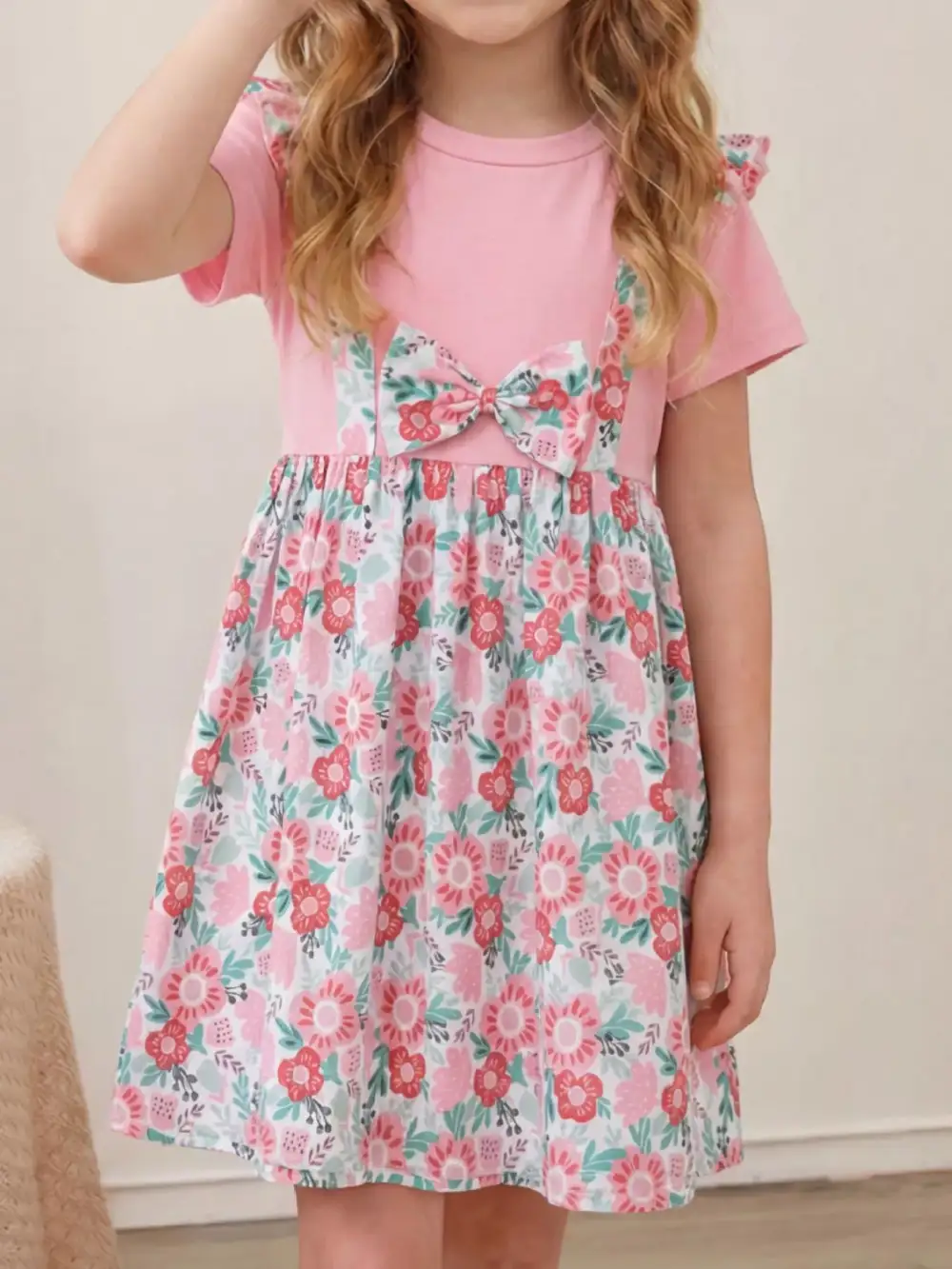 Girls Floral Print Bow Detail Dress