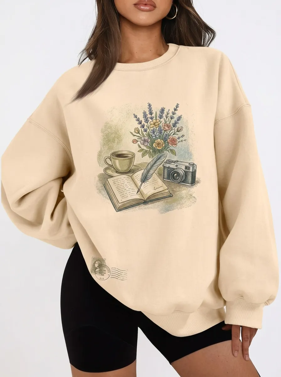Women's Book Coffee Camera Floral Graphic Sweatshirt