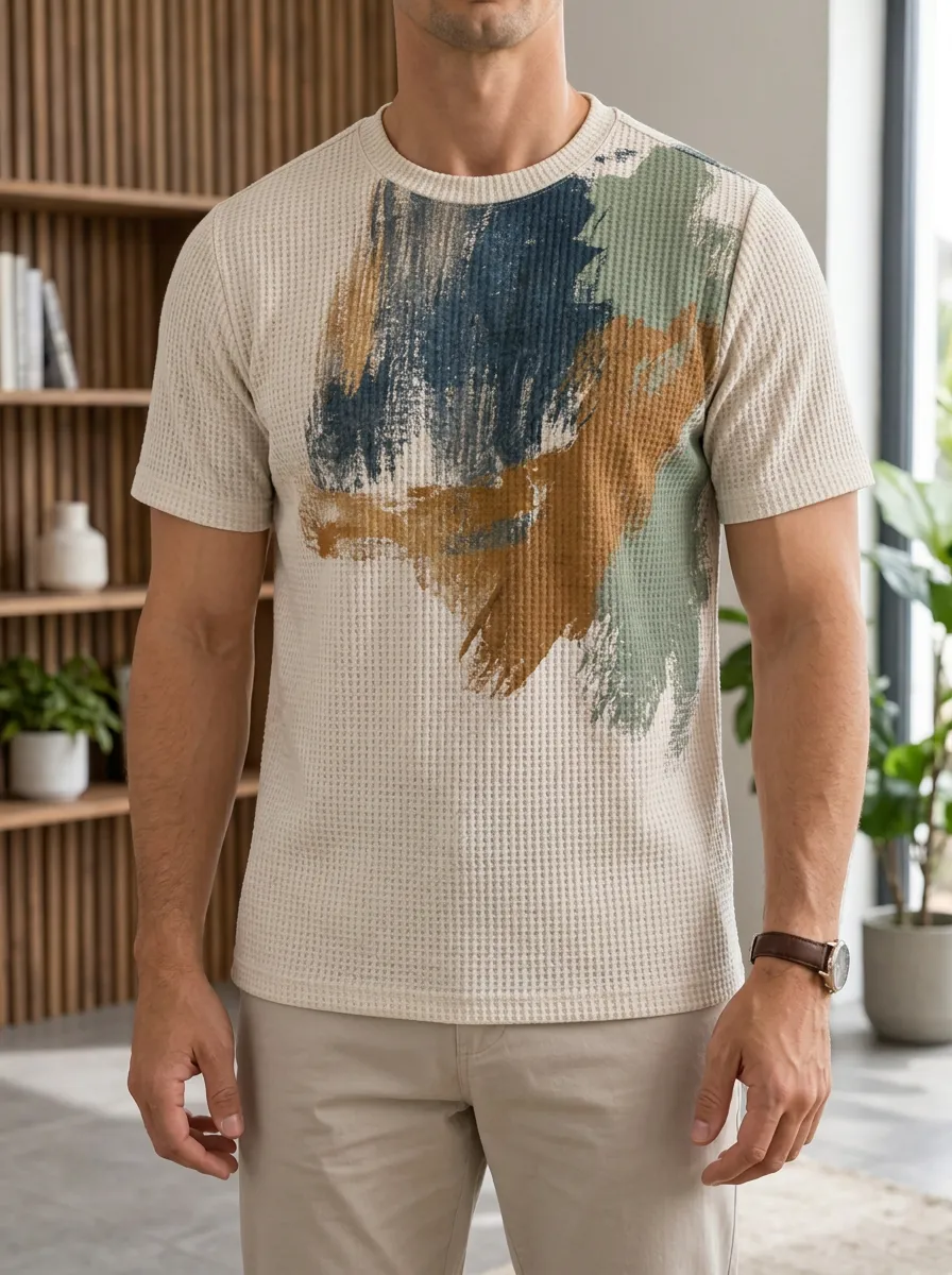 Men's Abstract Brushstroke Waffle Knit Relaxed Crew Neck T-Shirt