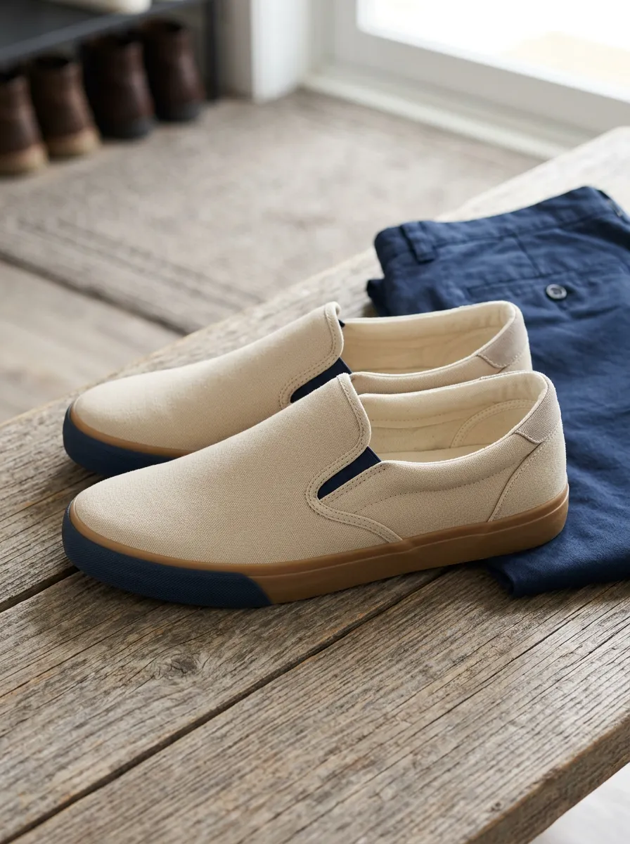 Men's Casual Beige Navy Sole Canvas Slip-on Shoes