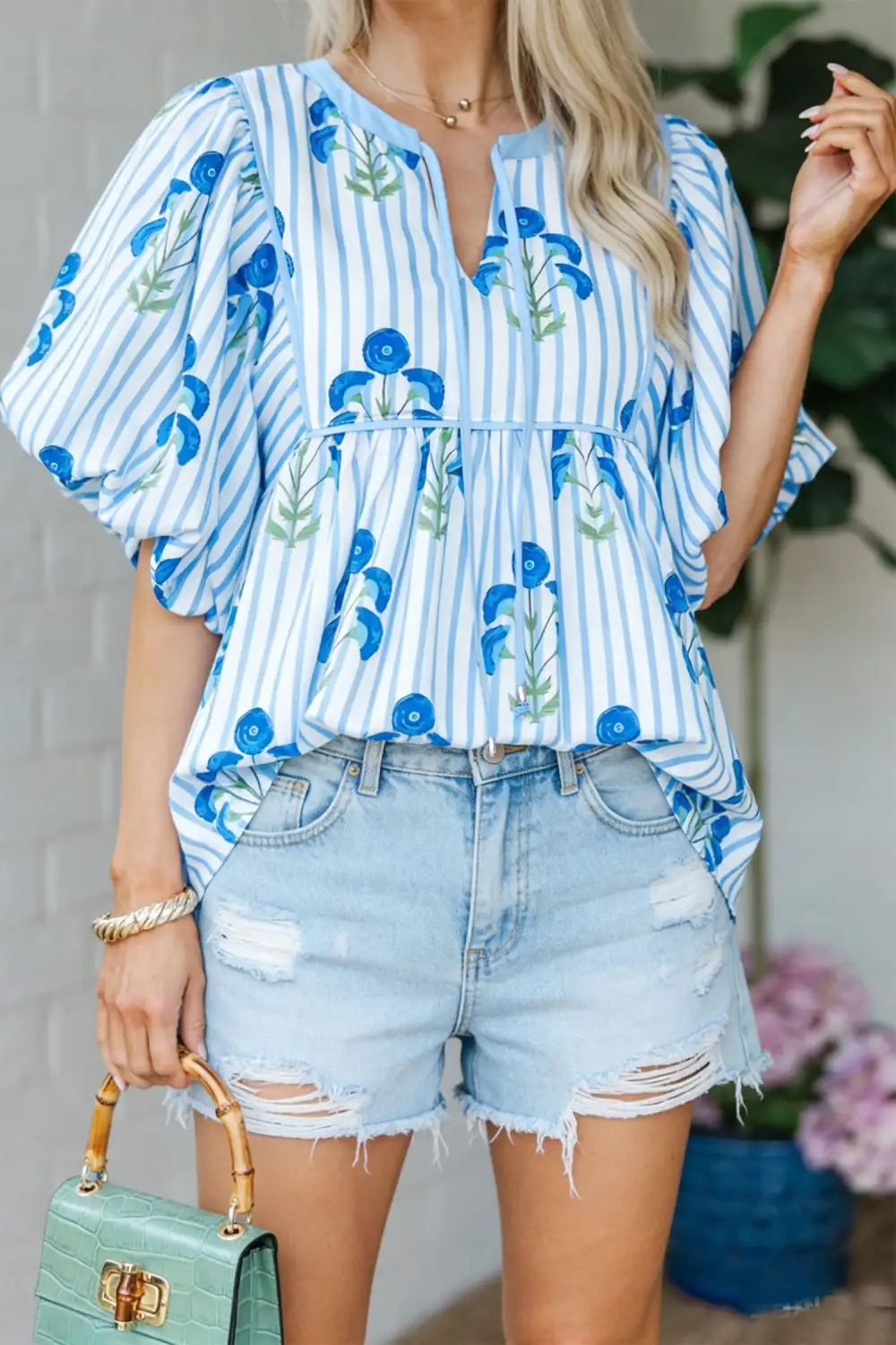 Women's Floral Print Puff Sleeve Tie Neck Top