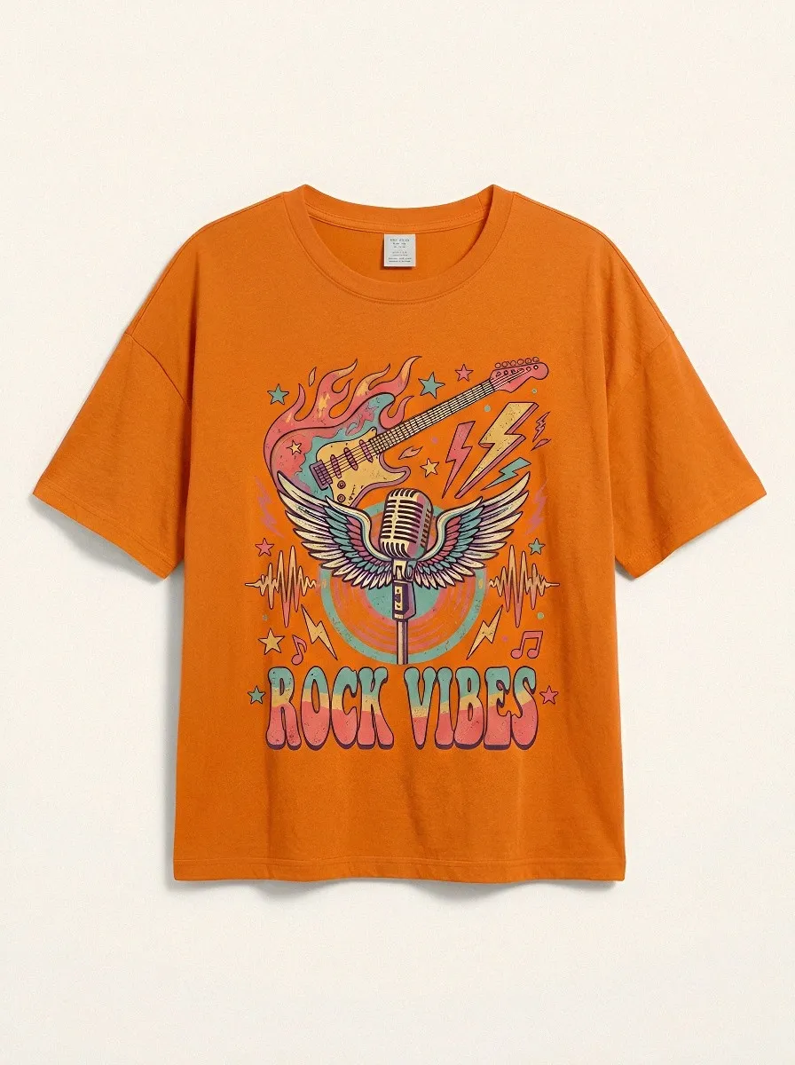 Unisex Rock Music Lover Guitar Microphone Printed T-shirt