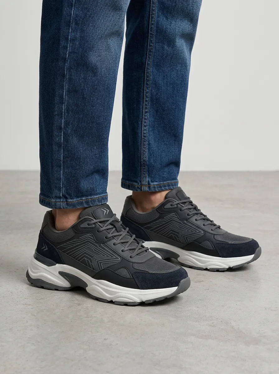Men's Charcoal Grey Geometric Pattern Athletic Sneakers