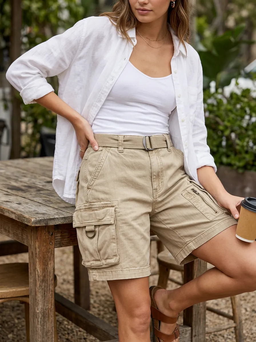 Women's Mid-Rise Belted D-Ring Multi-Pocket Cargo Shorts