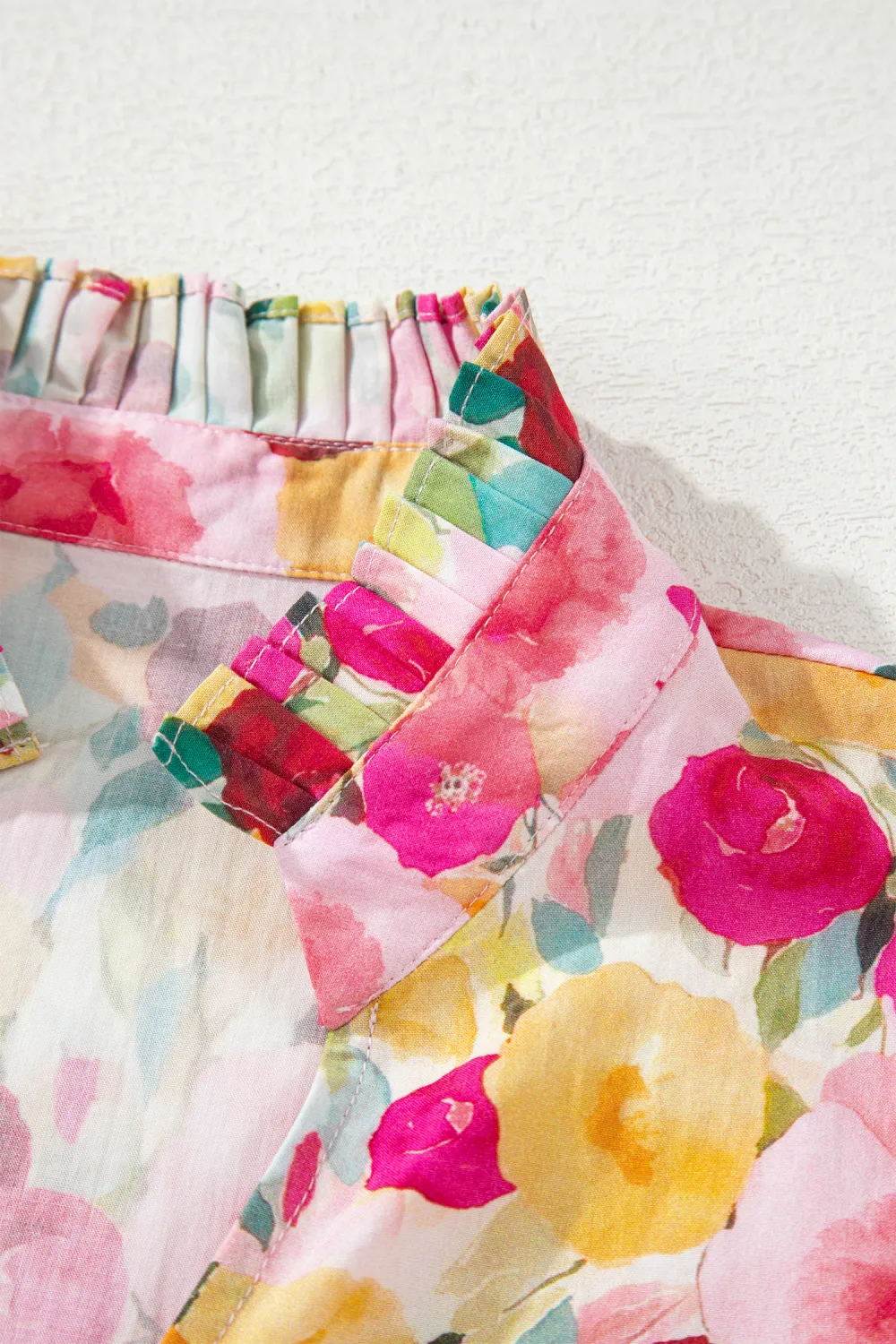 Pink Floral Frilled V Neck Blouse
