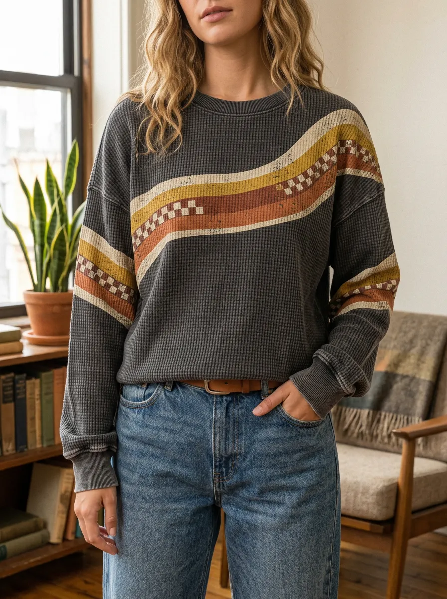 Women's Retro Vintage Stripe Checkerboard Printed Waffle Knit Sweatshirt