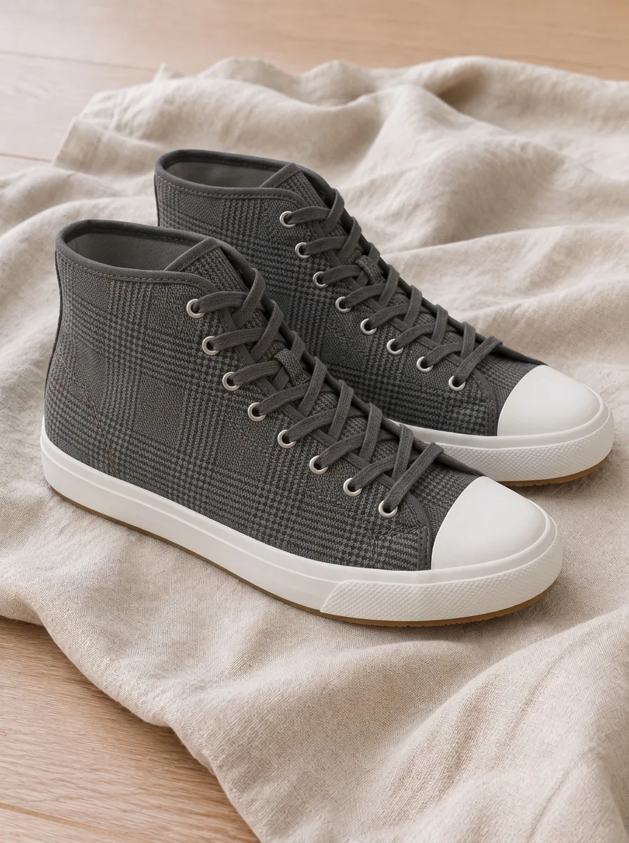Men's Classic Grey Plaid Pattern Printed Canvas High Top Shoes