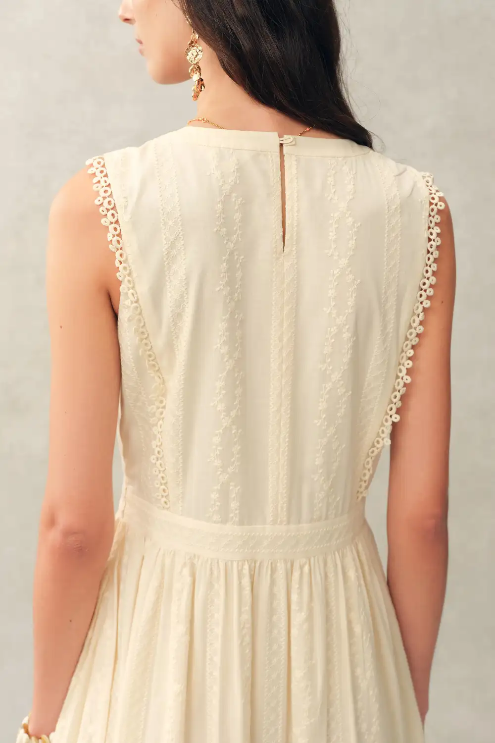 Sleeveless Lace Embroidered Cotton Jacquard Midi Dress