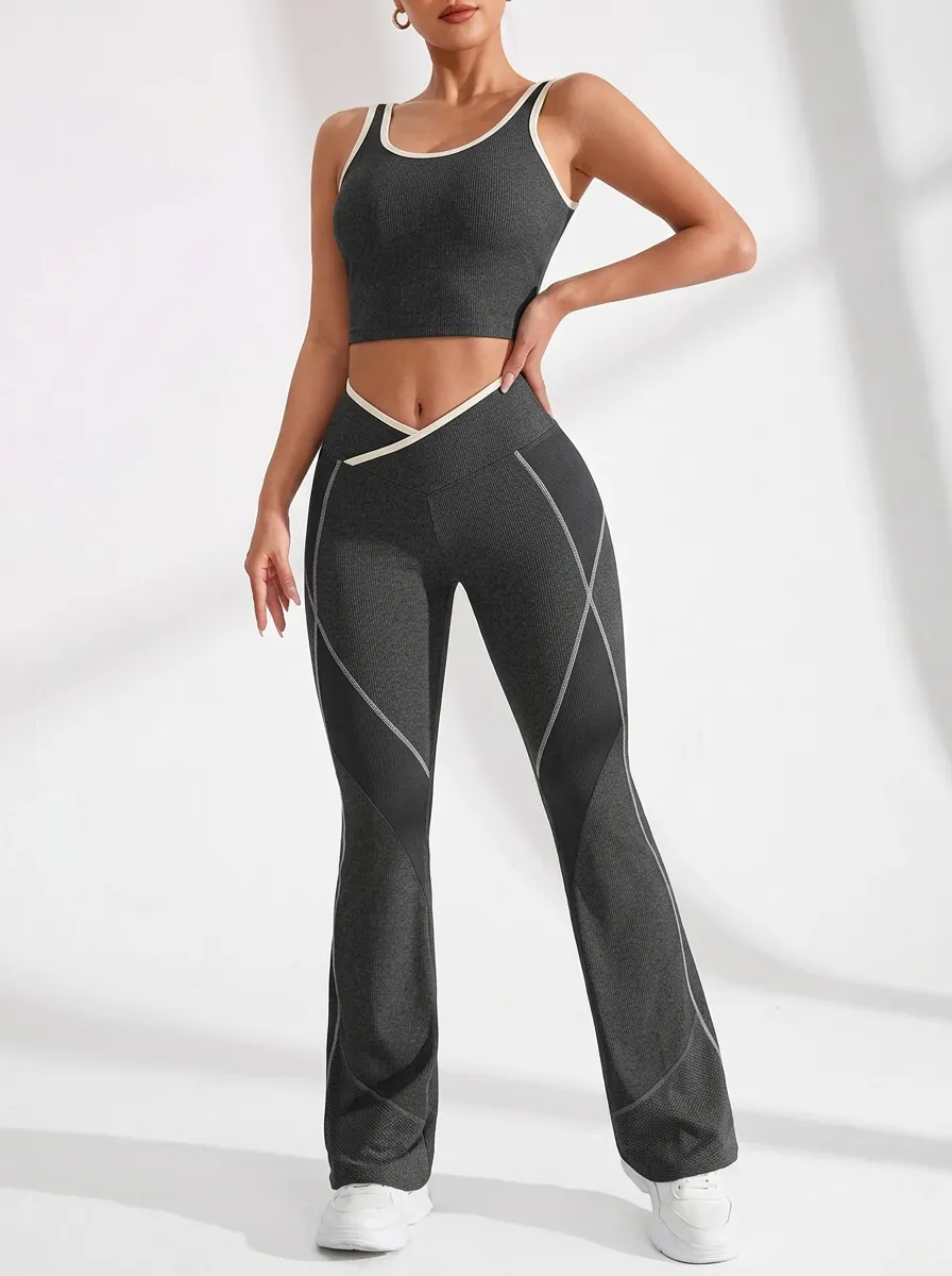 Textured Crossover Waist Flare Active Set
