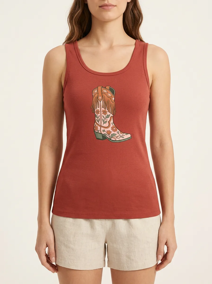 Western Fringe-Boot Floral Built-In Bra Tank Top