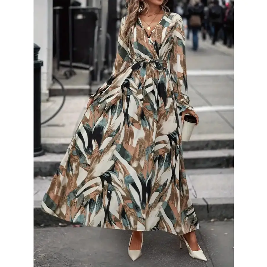 Printed Surplice Flounce Sleeve Maxi Dress
