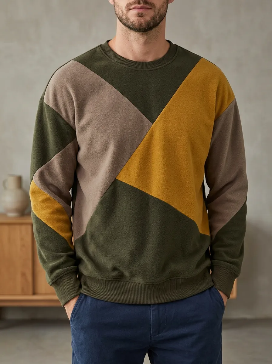 Men's Multi-Color Geometric Panel Crewneck Sweatshirt Graphic