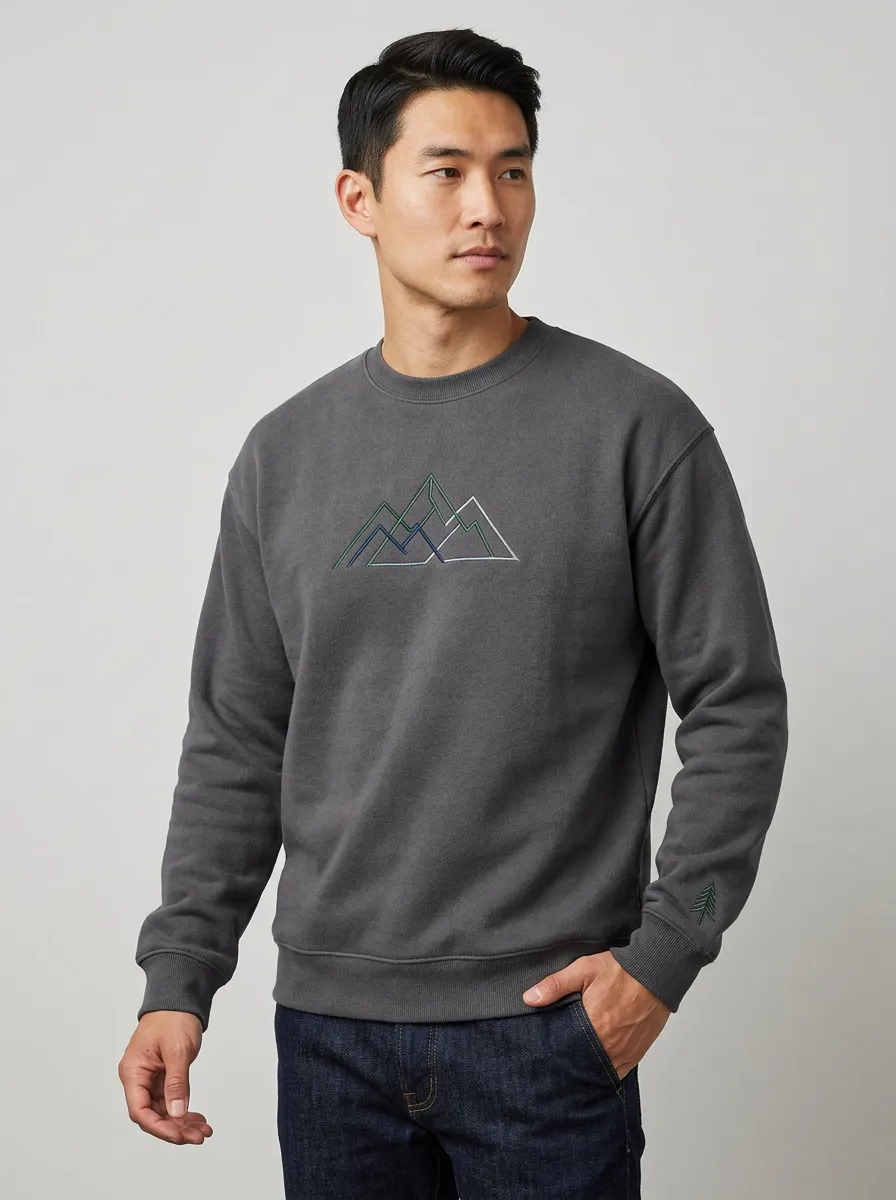 Men's Charcoal Outdoor Mountain Line Art Fleece Sweatshirt