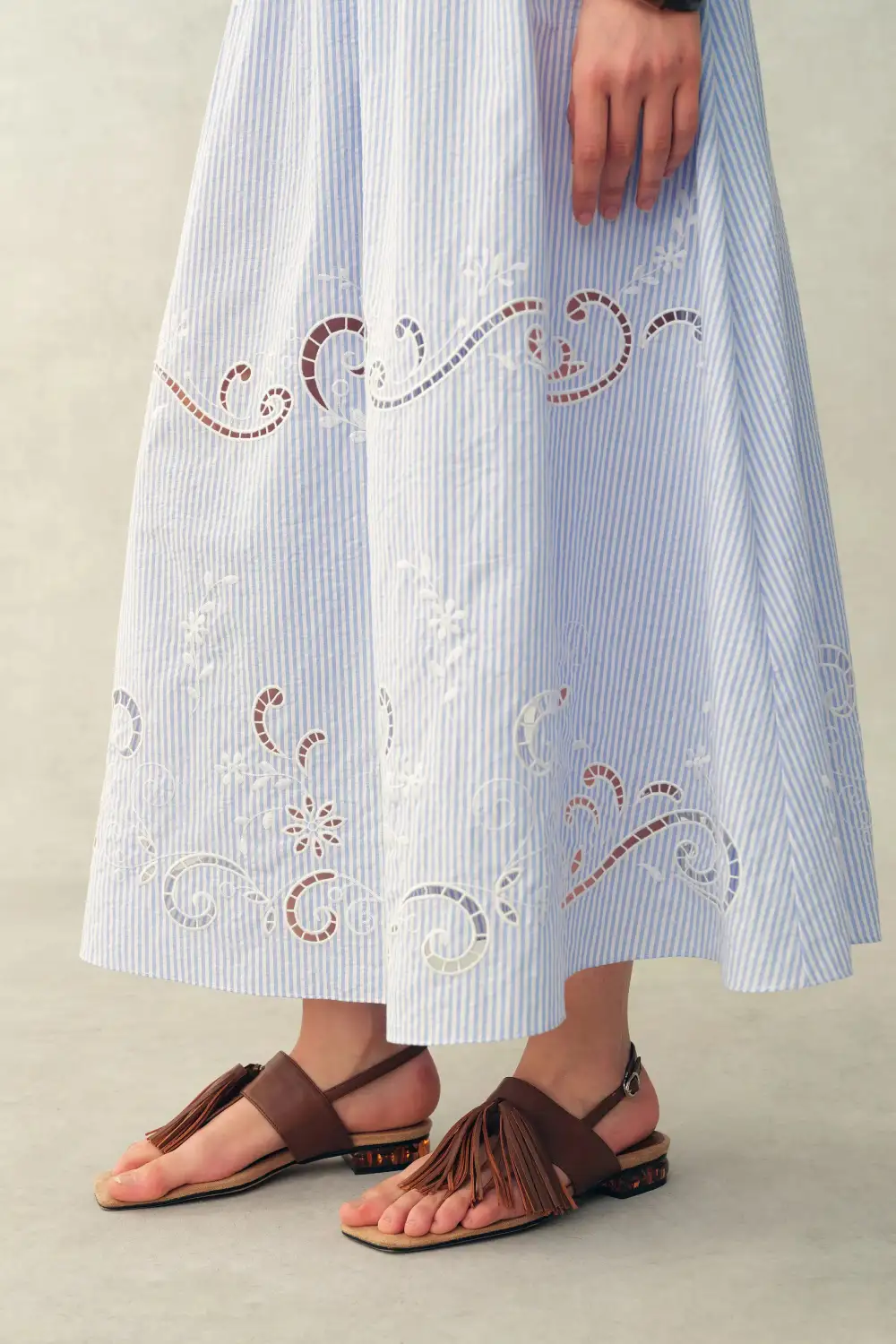 Sleeveless Open Back Embroidered Striped Crinkled Cotton Midi Dress