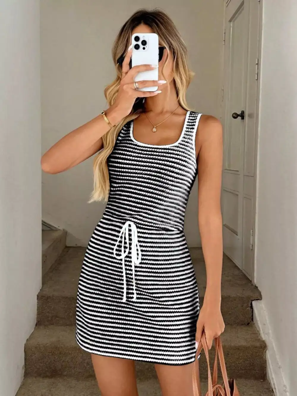 Striped Knit Drawstring Mini Dress