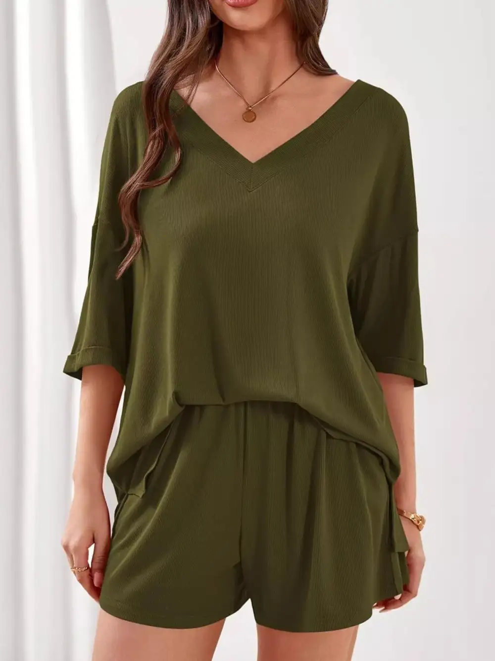 Casual Solid Color V Neck Top and Shorts Set