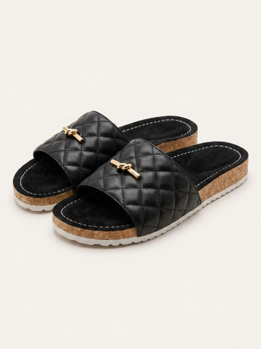 Everyday S Quilted Metal Buckle Cork Sole Printed Slides