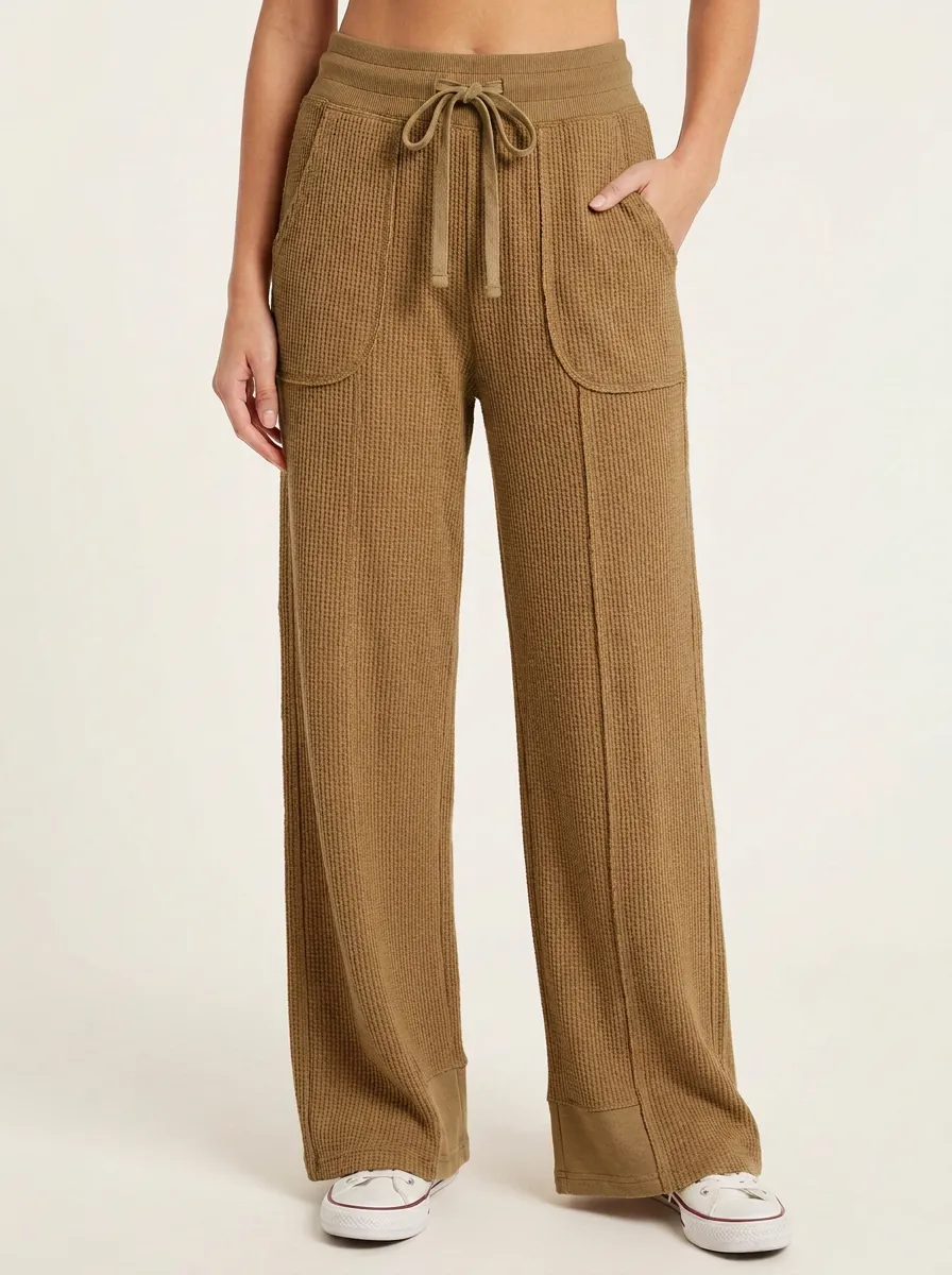 Women's Casual Lounge Waffle Knit Drawstring Wide Leg Pants