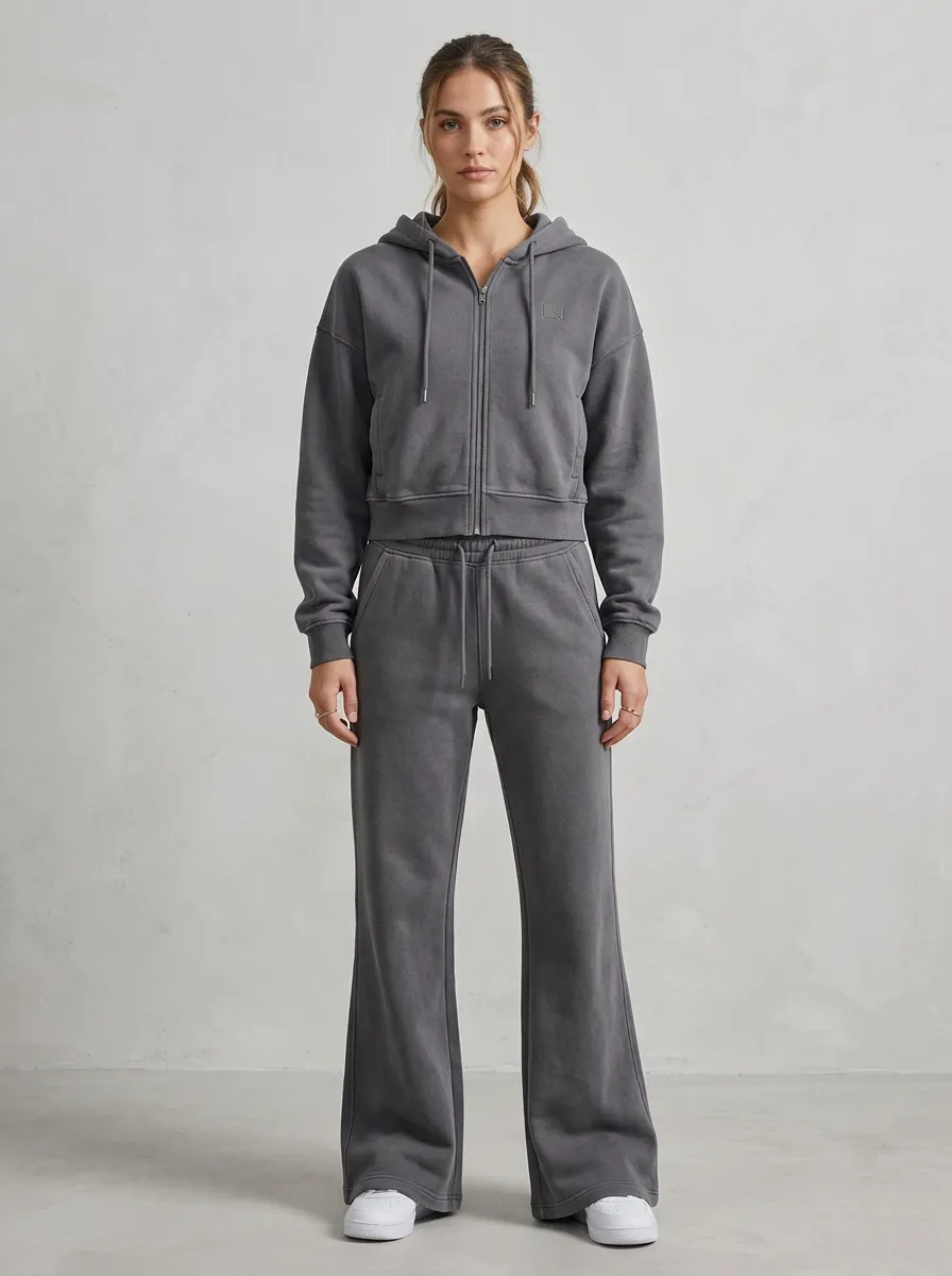 Women's Minimal Cropped Hooded Jacket and Flare Pants Active Set
