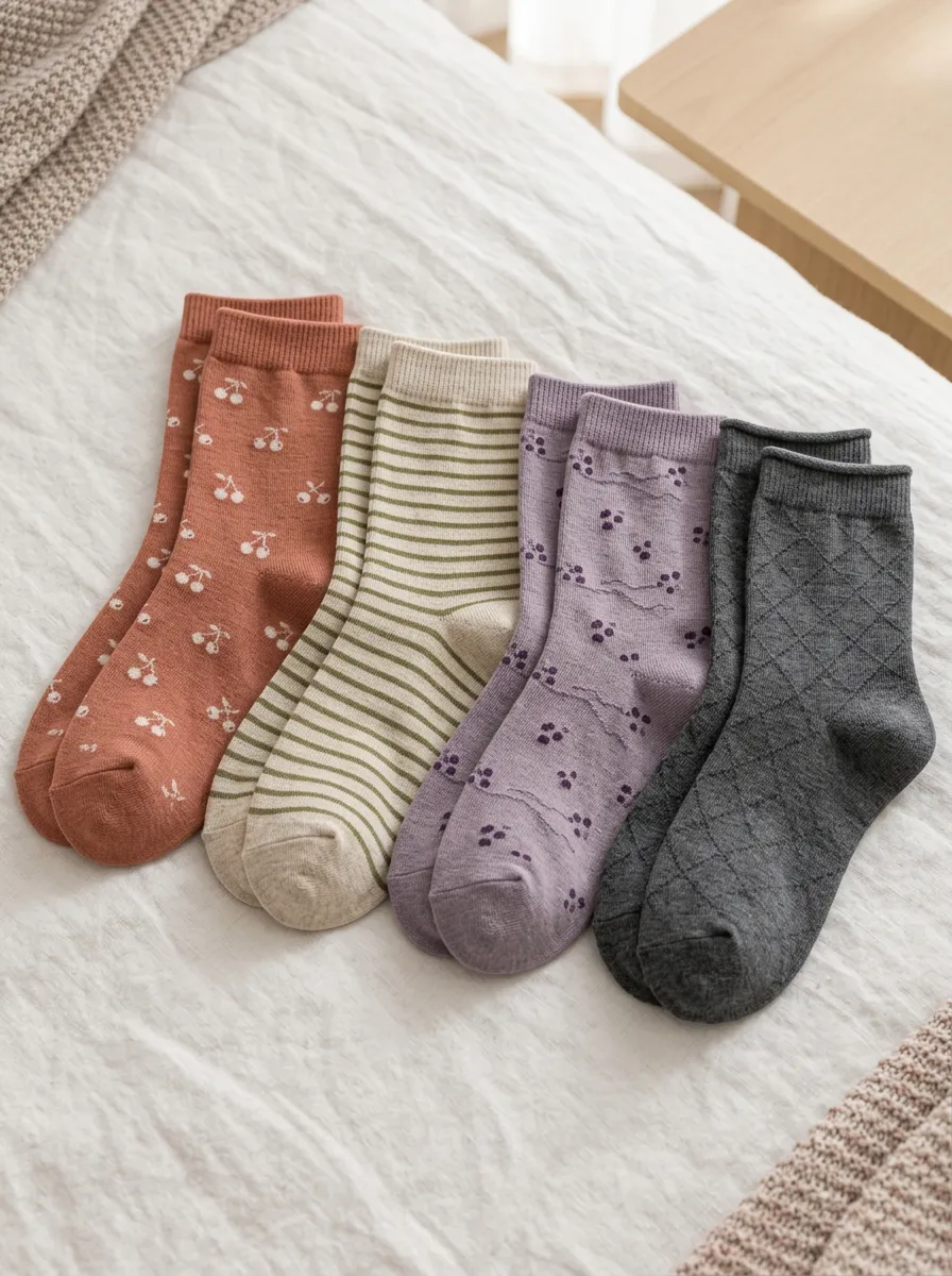 Women's Cherry Striped Floral Diamond Printed Socks Set